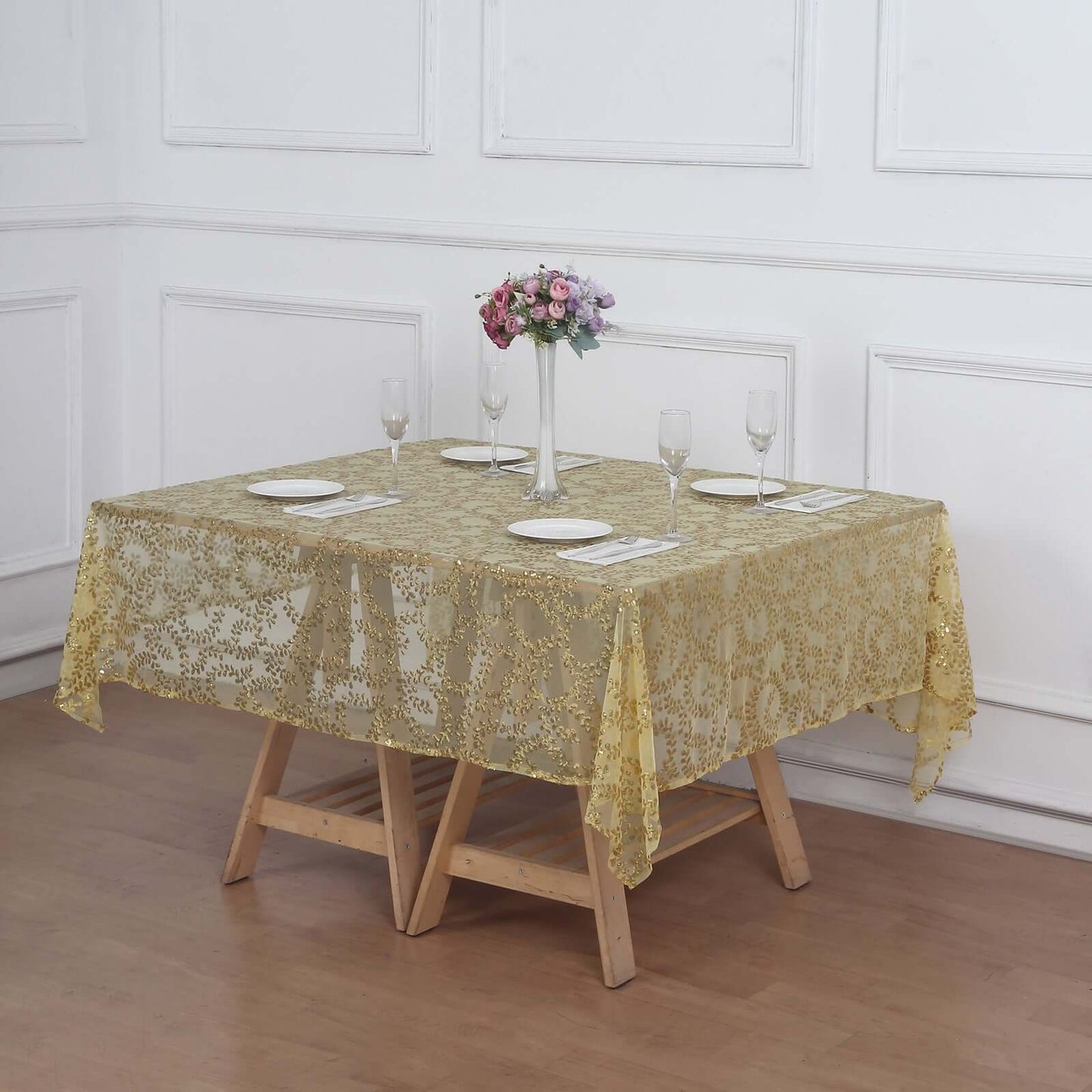 Tulle 72"x72" Table Overlay Square Tablecloth Gold - Sequin Leaf Embroidered Design for Stylish Occasions