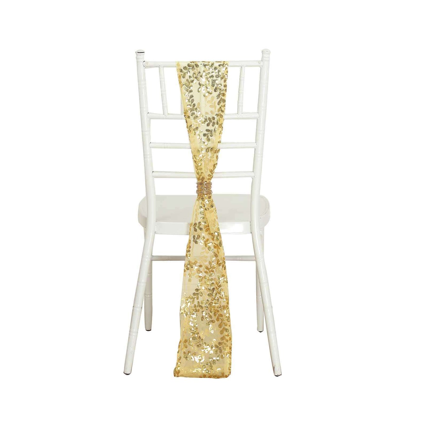 5 Pack Tulle Chair Sashes with Leaf Vine Embroidered Sequins Gold 6"x88" - Stylish Decor for Weddings