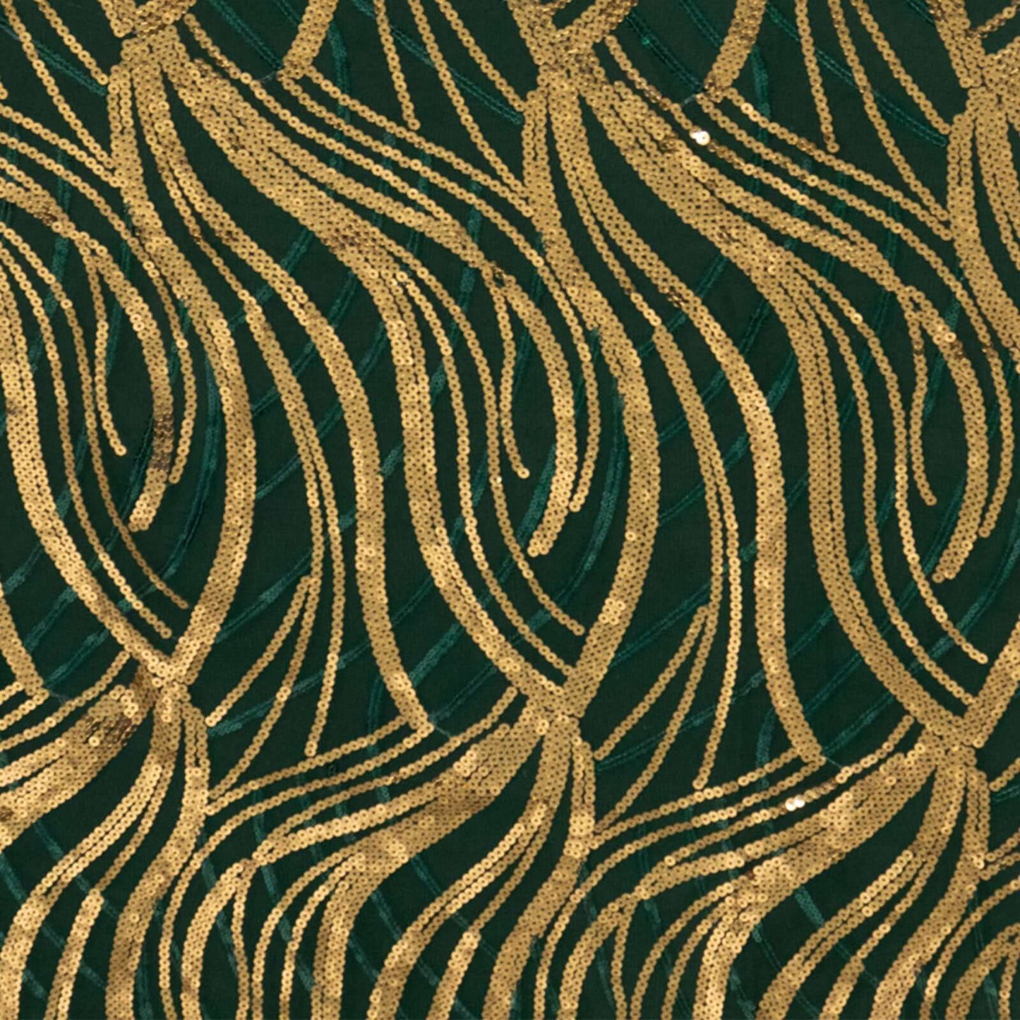 Mesh 90"x156" Rectangle Tablecloth Hunter Emerald Green/Gold - Wave Sequin Embroidered Table Cover