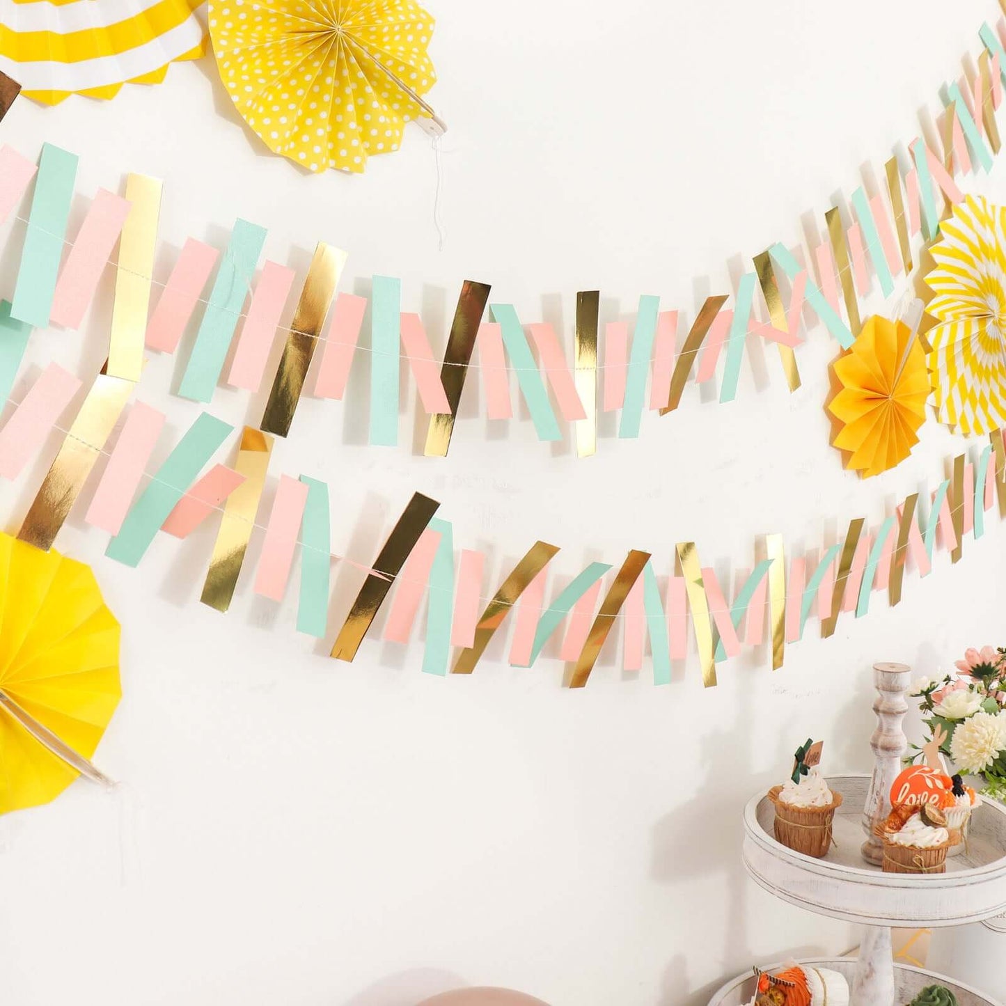Gold, Blush and Turquoise Confetti-Like Paper Party Garland Streamer, Hanging Backdrop Decoration - 6.5ft