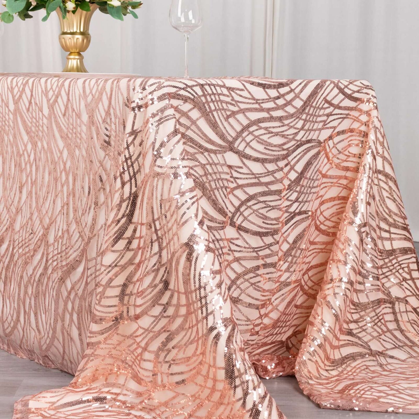 Mesh 90"x156" Rectangle Tablecloth Rose Gold - Wave Sequin Embroidered Table Cover