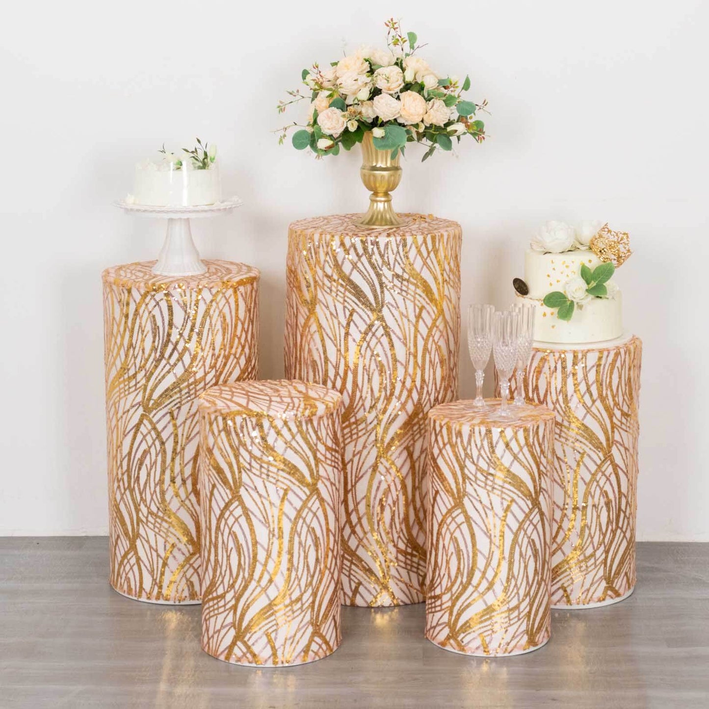 Set of 5 Rose Gold Wave Mesh Cylinder Pedestal Stand Covers with Embroidered Sequins, Pillar Prop Covers - 160 GSM