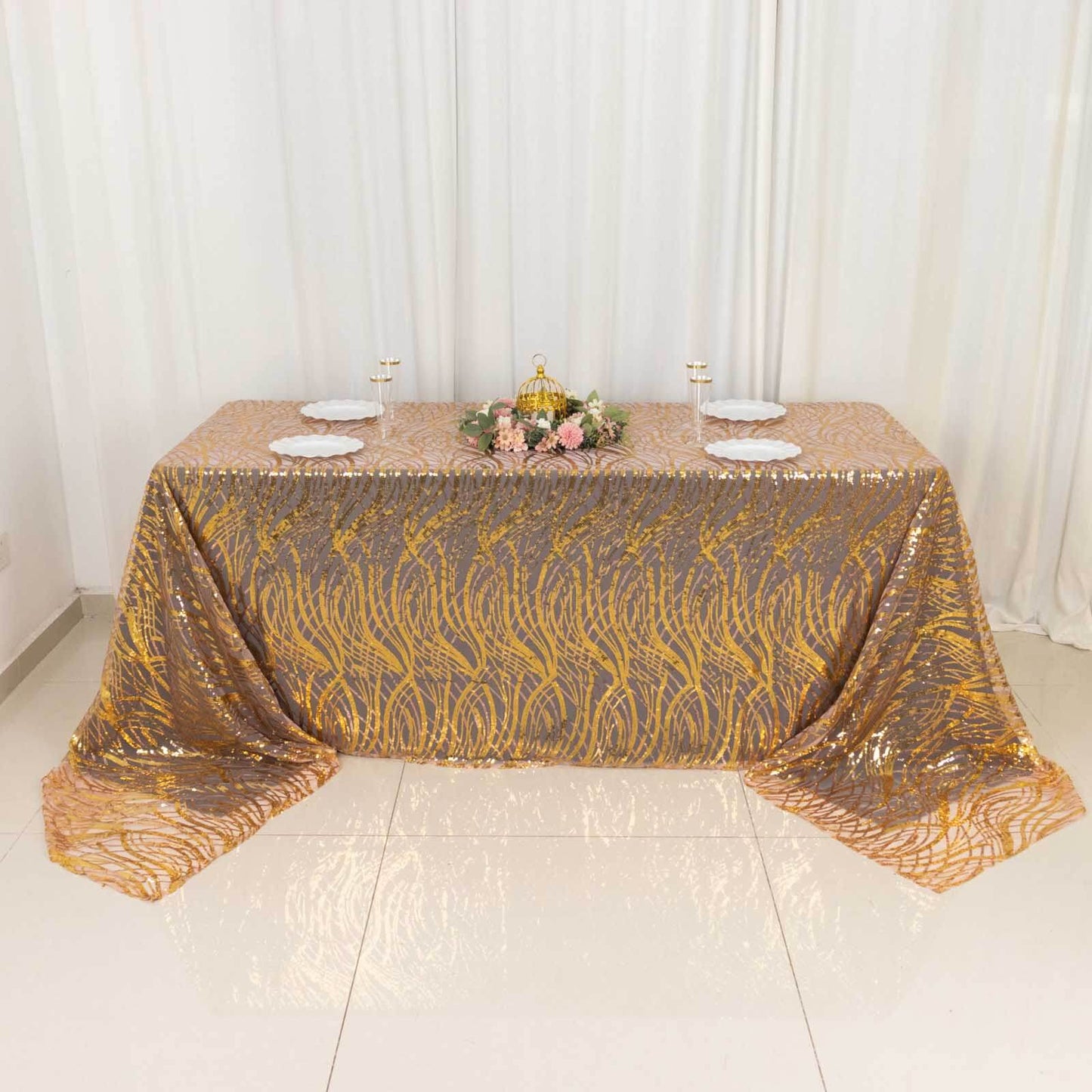 Mesh 90"x156" Rectangle Tablecloth Rose Gold/Gold - Wave Sequin Embroidered Table Cover