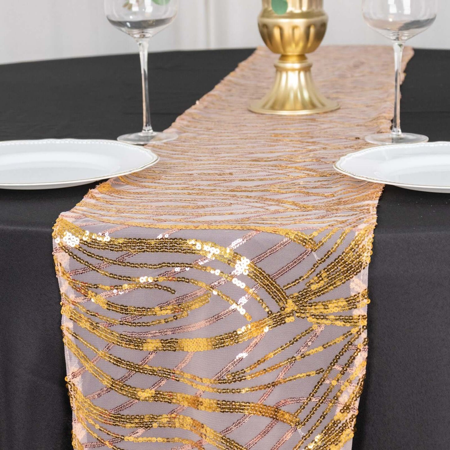 Sequin Mesh 12"x108" Table Runner Rose Gold/Gold Stylish Wave Embroidery