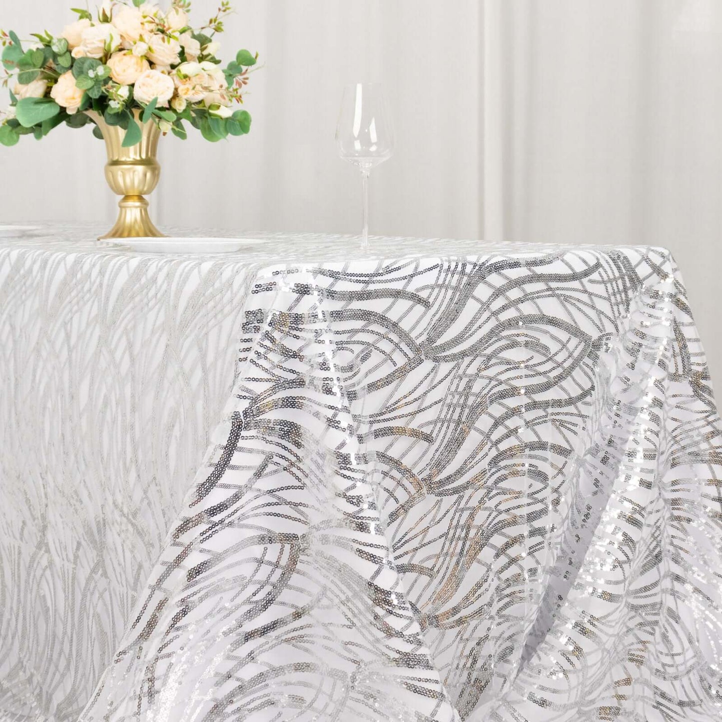 Mesh 90"x156" Rectangle Tablecloth Silver - Wave Sequin Embroidered Table Cover