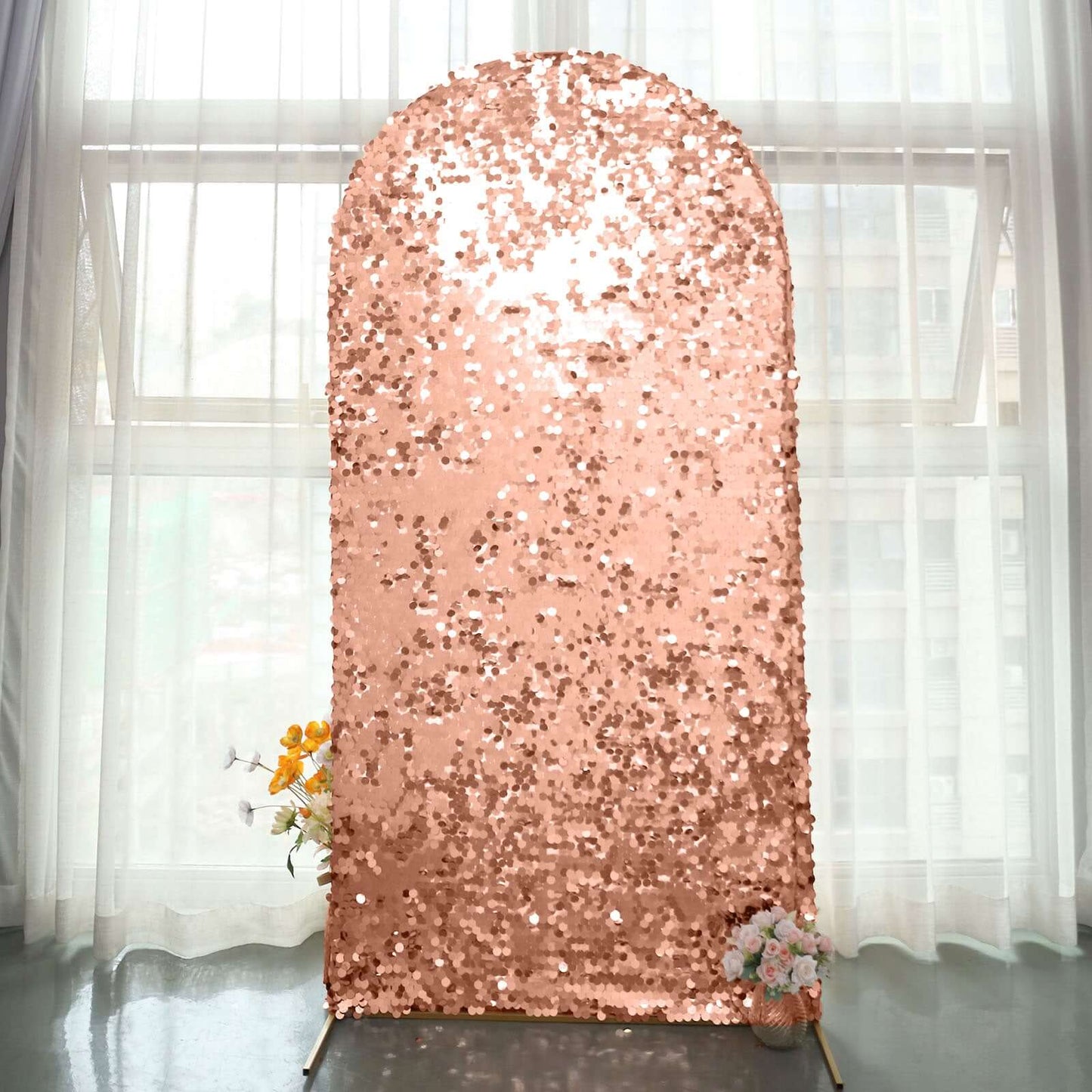 7ft Sparkly Rose Gold Double Sided Big Payette Sequin Chiara Backdrop Stand Cover For Fitted Round Top Wedding Arch