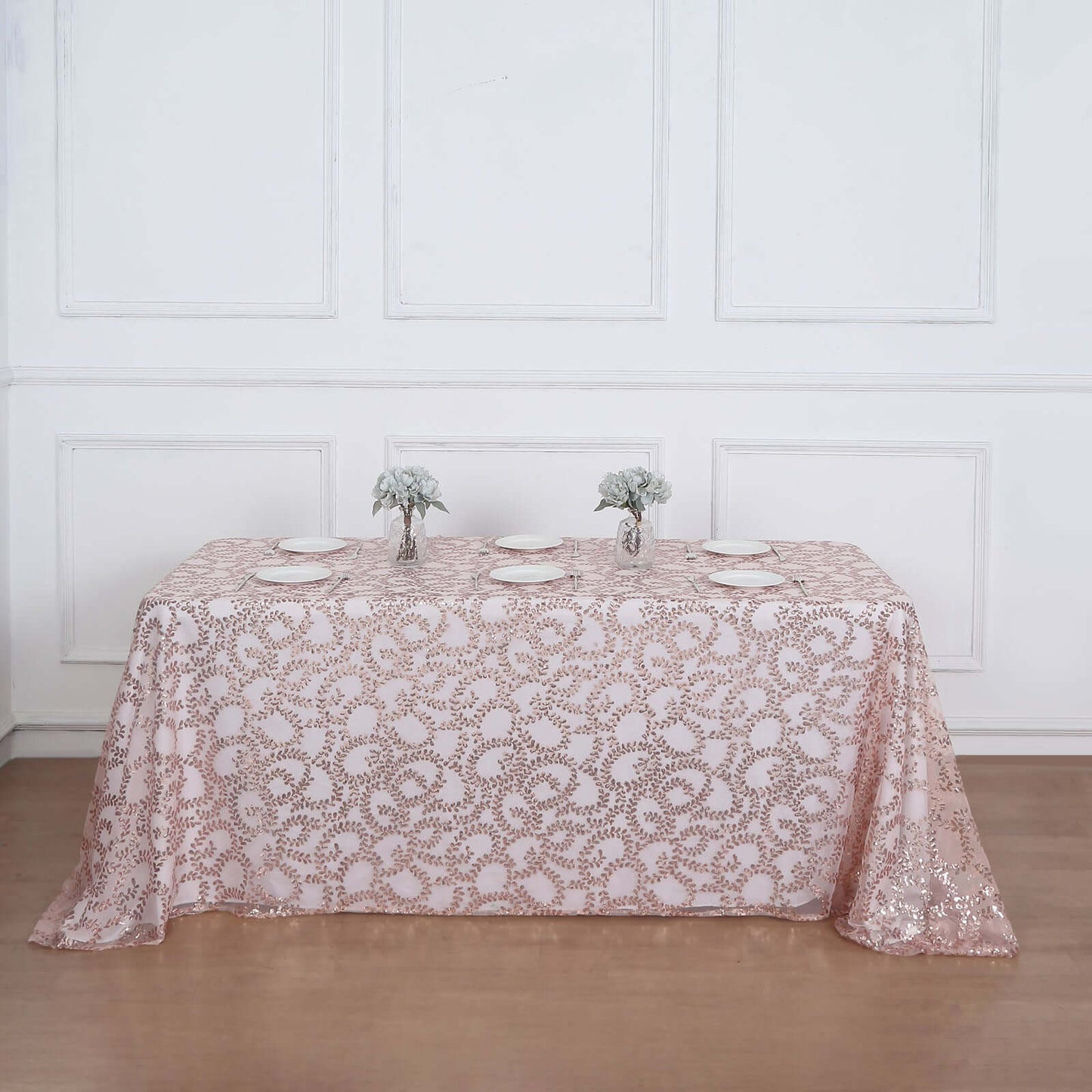 Tulle 90"x156" Rectangle Tablecloth Rose Gold - Sequin Leaf Embroidered Table Cover