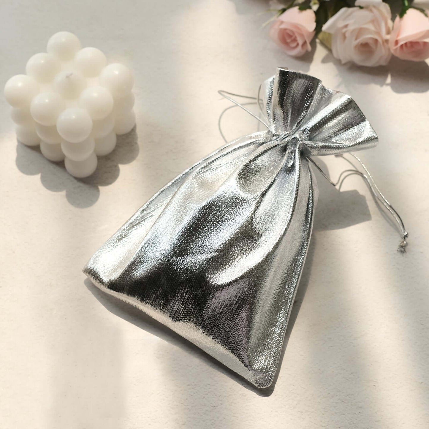 10 Pack Metallic Silver Lame Polyester 5"x7" Party Favor Gift Bags, Shiny Fabric Drawstring Candy Pouch