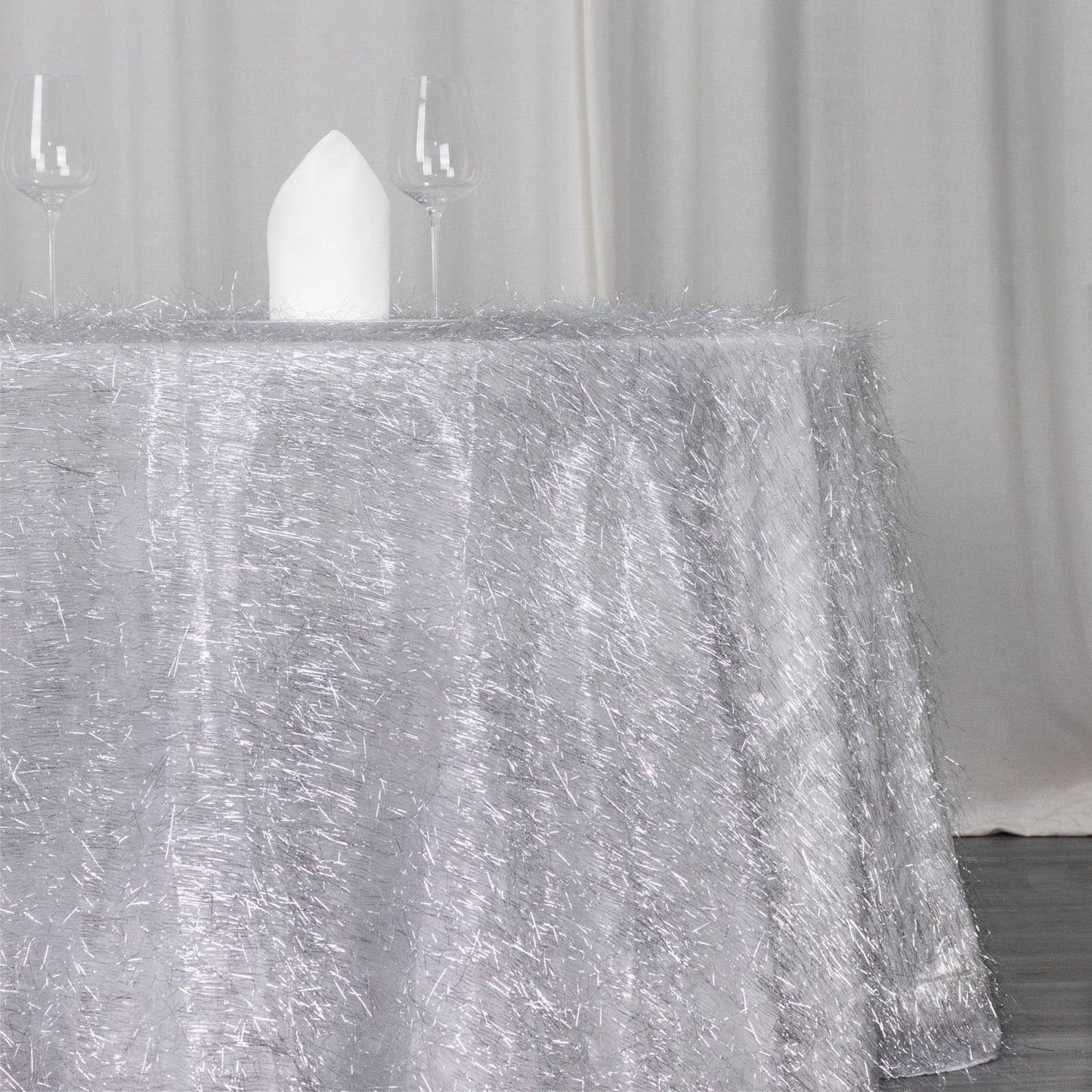 Polyester 120" Round Silver Tablecloth Metallic Fringe Shag Tinsel Table Cover