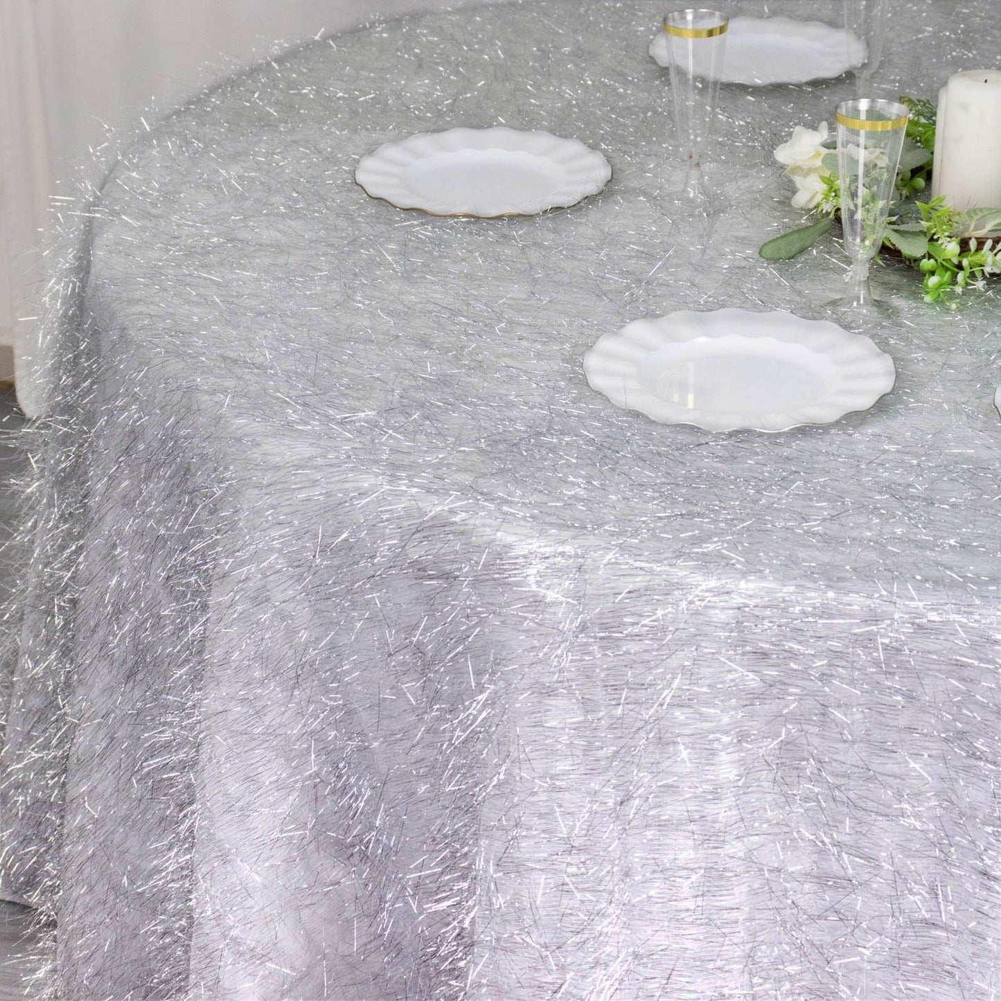Polyester 120" Round Silver Tablecloth Metallic Fringe Shag Tinsel Table Cover