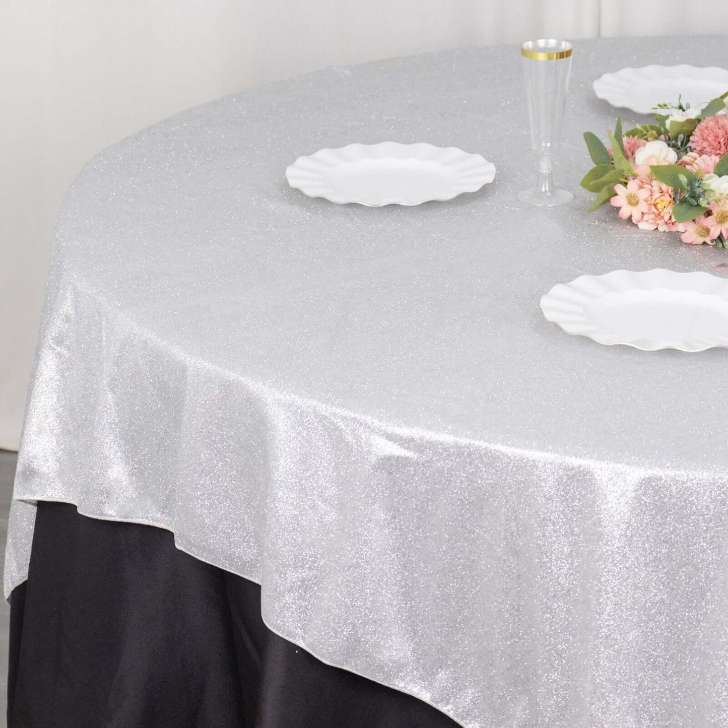 Polyester 72"x72" Table Overlay Square Tablecloth Silver - Glitter Sparkle Table Topper