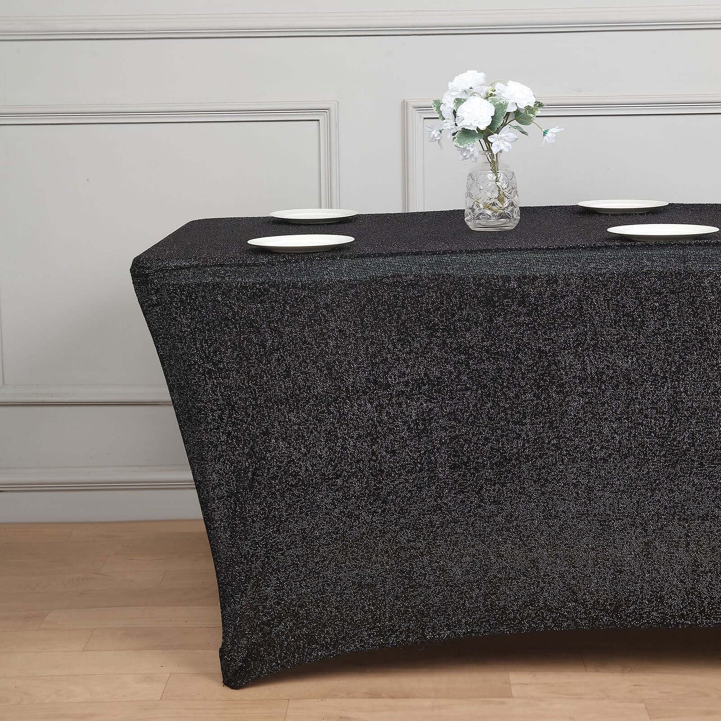 Shimmer Tinsel Spandex 72"x30" Rectangle Tablecloth Metallic Black Glittered Shiny Stretch Table Cover