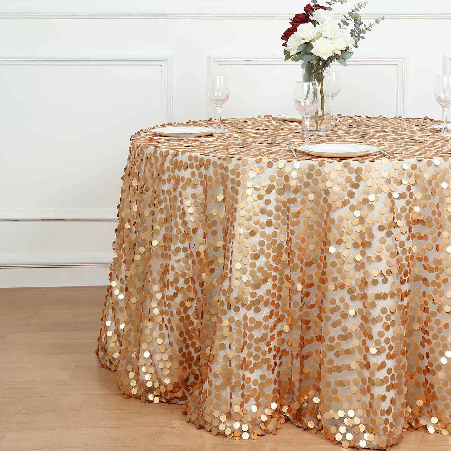 Sequin 120" Round Tablecloth Matte Champagne - Seamless Big Payette Table Cover