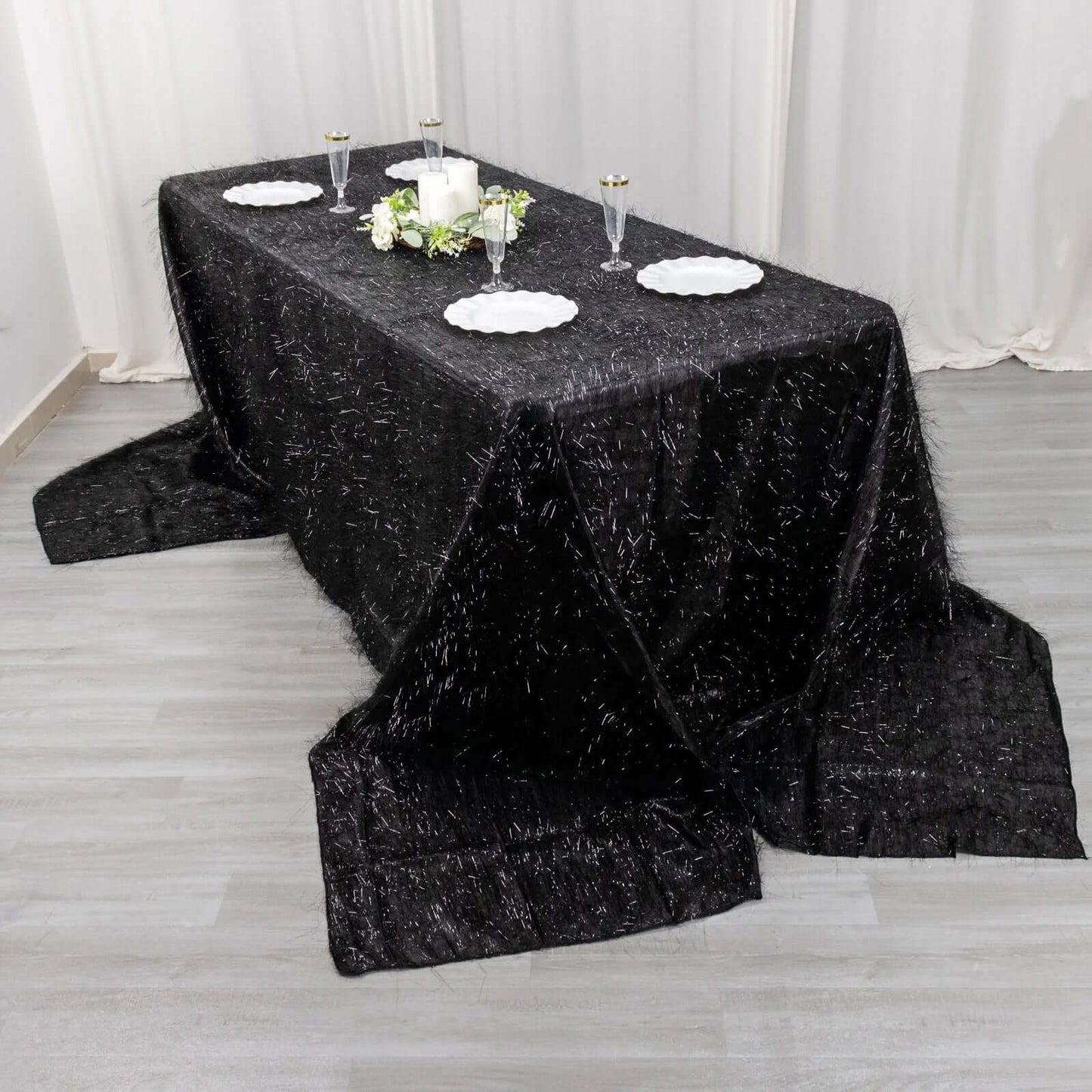Polyester 90"x156" Rectangle Tablecloth Black Metallic Fringe Shag Tinsel Table Cover