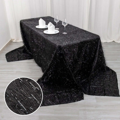 Polyester 90"x156" Rectangle Tablecloth Black Metallic Fringe Shag Tinsel Table Cover