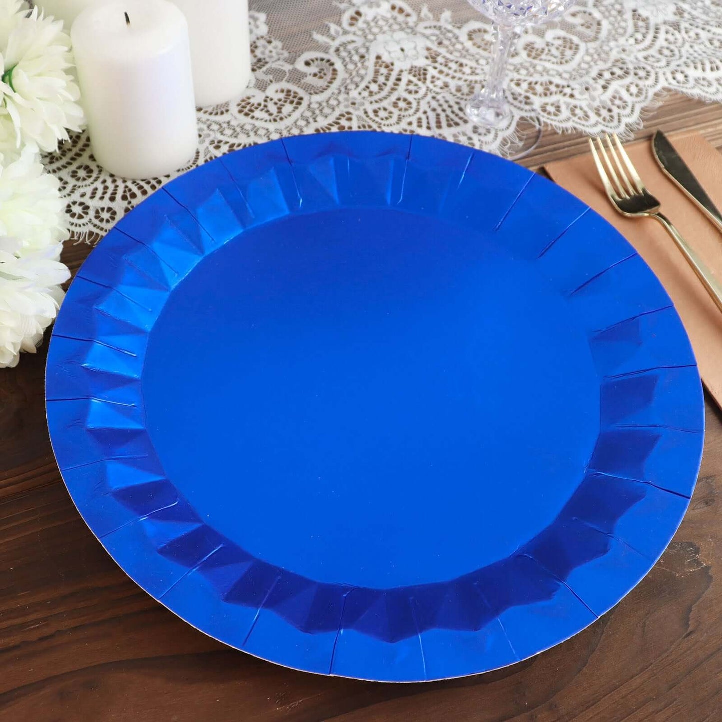 25-Pack Paper 12" Round Charger Plates in Royal Blue with Geometric Prism Design - Disposable 400GSM Serving Trays