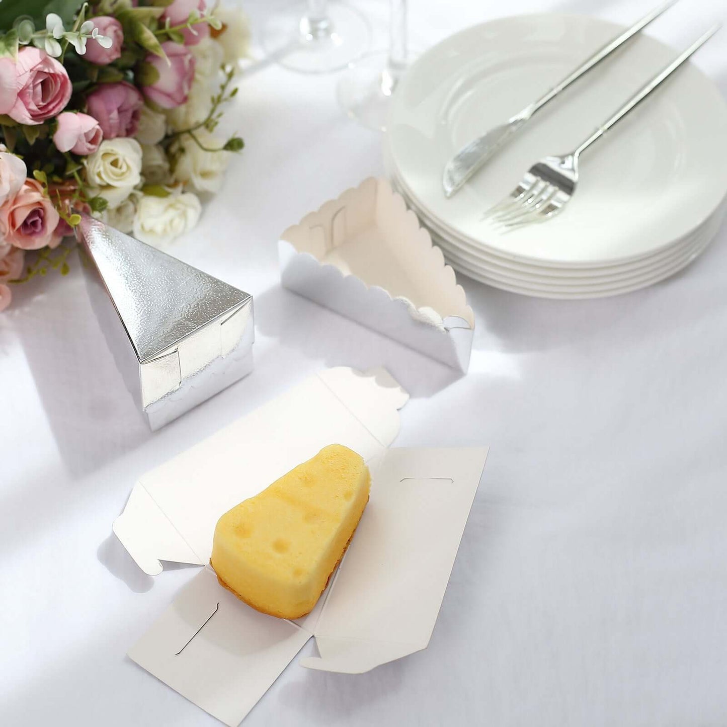 10-Pack Cardstock Triangle Cake Slice Boxes Silver with Scalloped Top 4"x2.5"