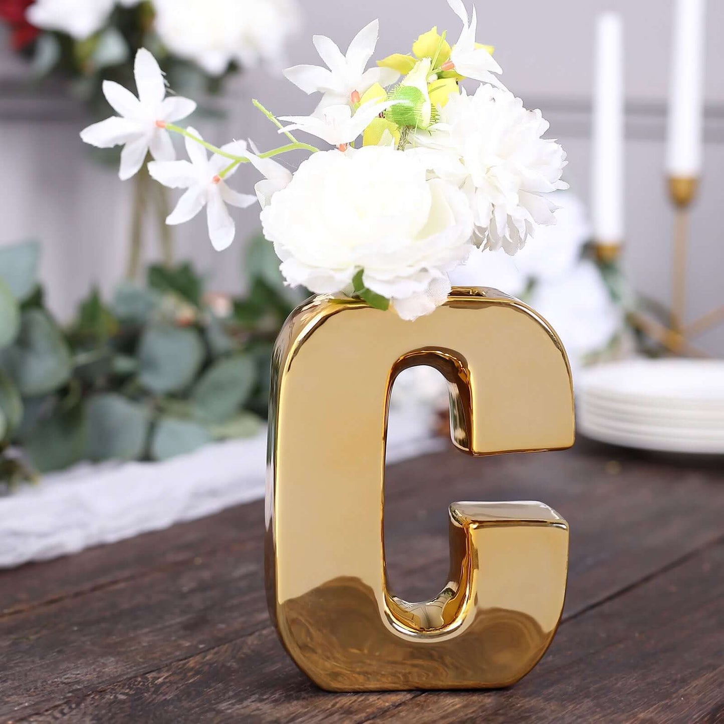 Shiny Ceramic Vase Letter "C" Gold Plated - Chic Bud Planter Pot for Events & Decor 6"
