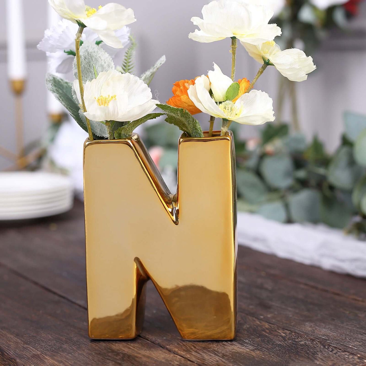 Shiny Ceramic Vase Letter "N" Gold Plated - Chic Bud Planter Pot for Events & Decor 6"