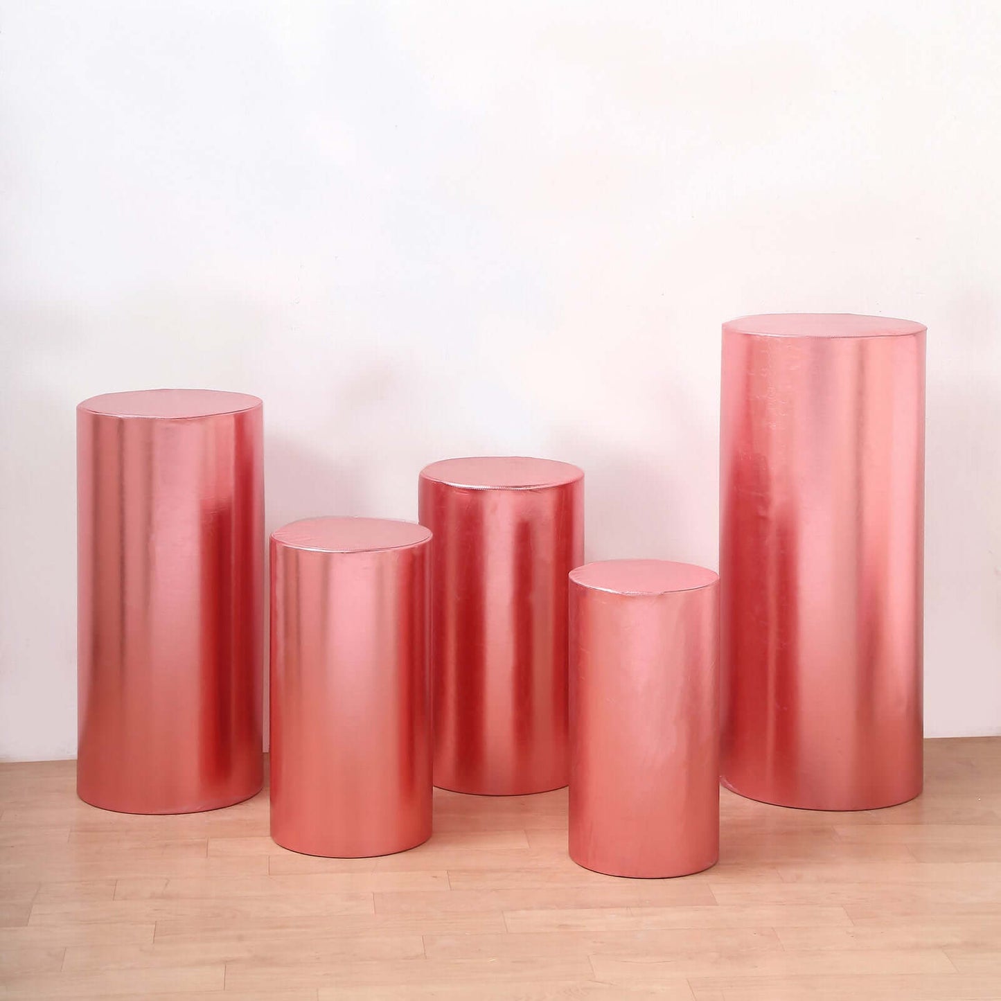 Set of 5 Metallic Rose Gold Spandex Cylinder Pedestal Stand Covers, Shiny Stretchable Pillar Prop Covers - 130 GSM