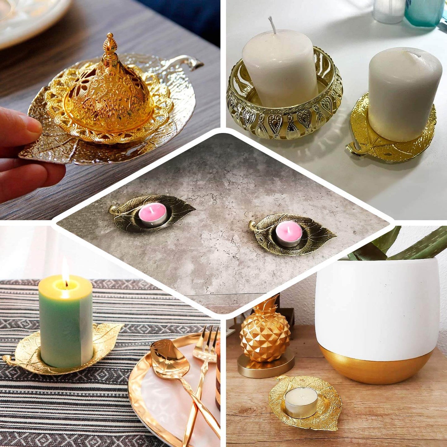 3-Pack Metal Votive Candle Holders Maple Leaf Design Shiny Gold - Vintage Mini Tea Cup Saucers 5"