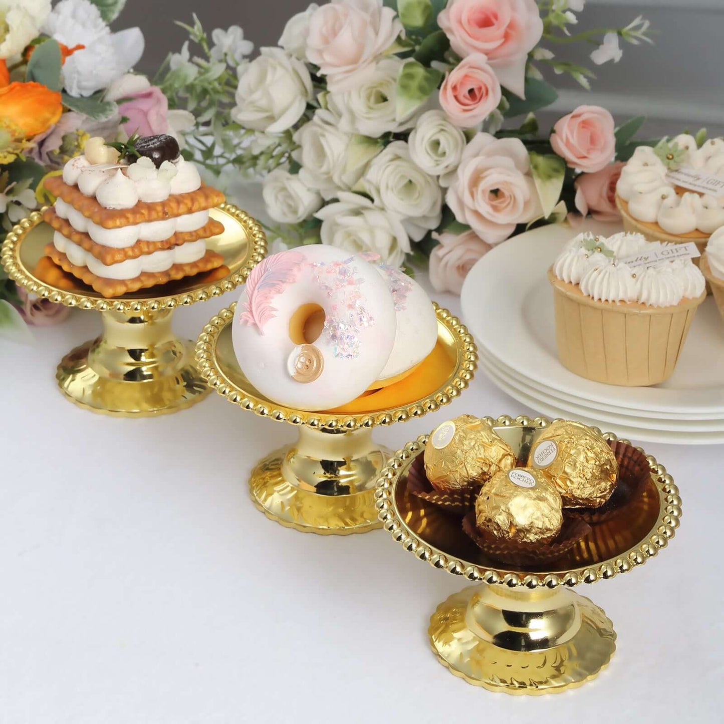 12-Pack Plastic Pedestal Cupcake Plates Mini Gold Mirror Finish Beaded Rim - Great for Displays 5"