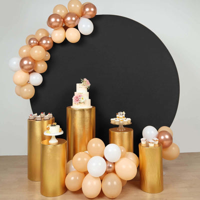 Set of 5 Metallic Gold Spandex Cylinder Pedestal Stand Covers, Shiny Stretchable Pillar Prop Covers - 130 GSM