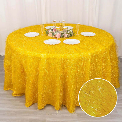 Polyester 120" Round Gold Tablecloth Metallic Fringe Shag Tinsel Design Table Cover for Weddings & Events