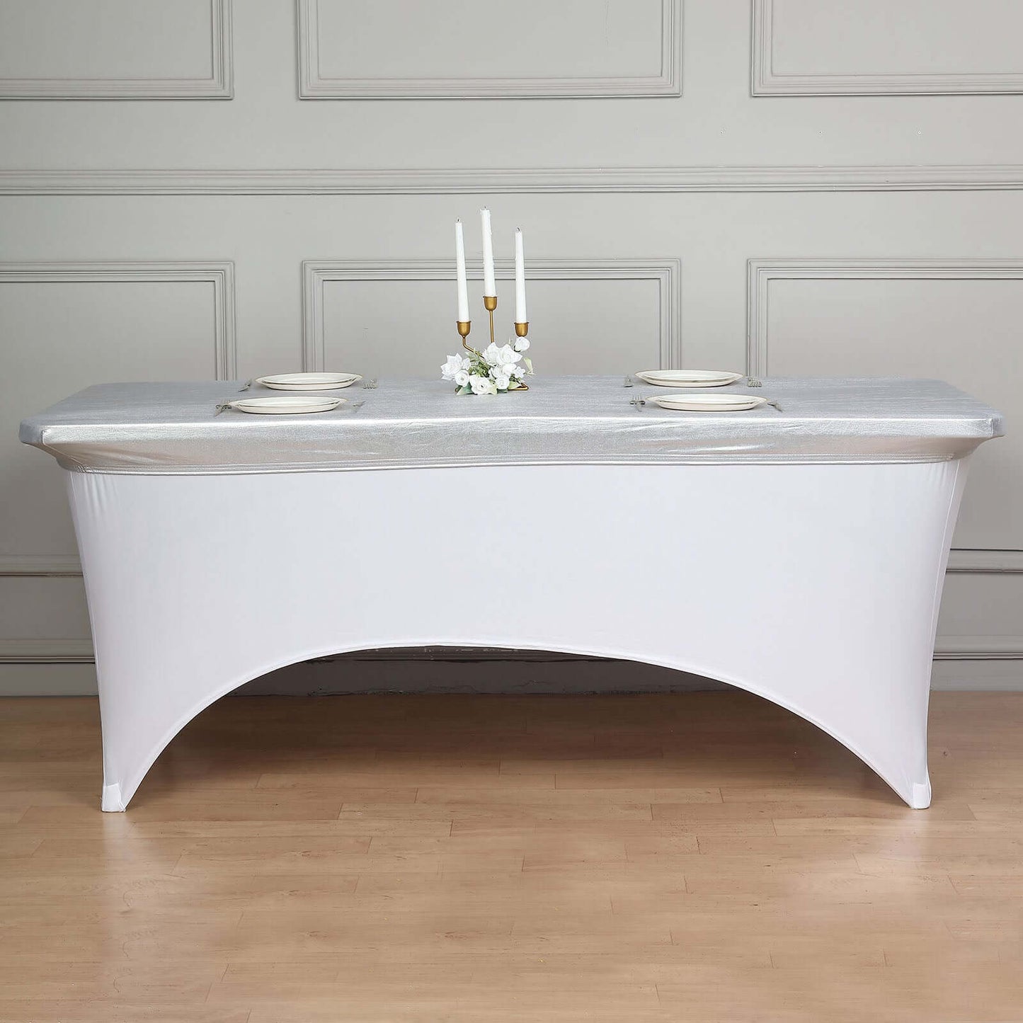 Stretch Spandex 72"x30" Rectangle Table Top Cover Metallic Silver - Easy to Install Fitted Table Topper Cap