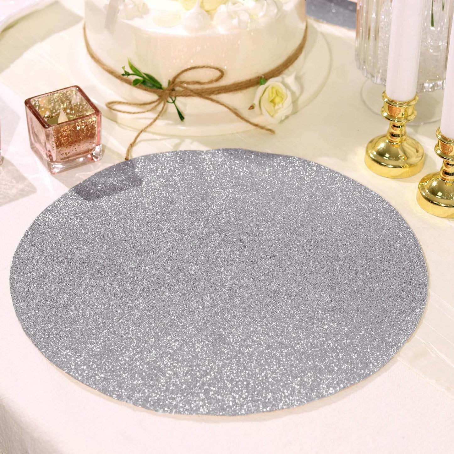 6-Pack Placemats Glitter Design Silver Sparkle Round - Non-Slip Decorative Dining Table Mats 13"