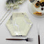 25-Pack Paper 8.5" Hexagon Dessert Plates in Ivory with Silver Marble Design - Disposable Geometric 400GSM Appetizer Salad Plates for Events & Banquets