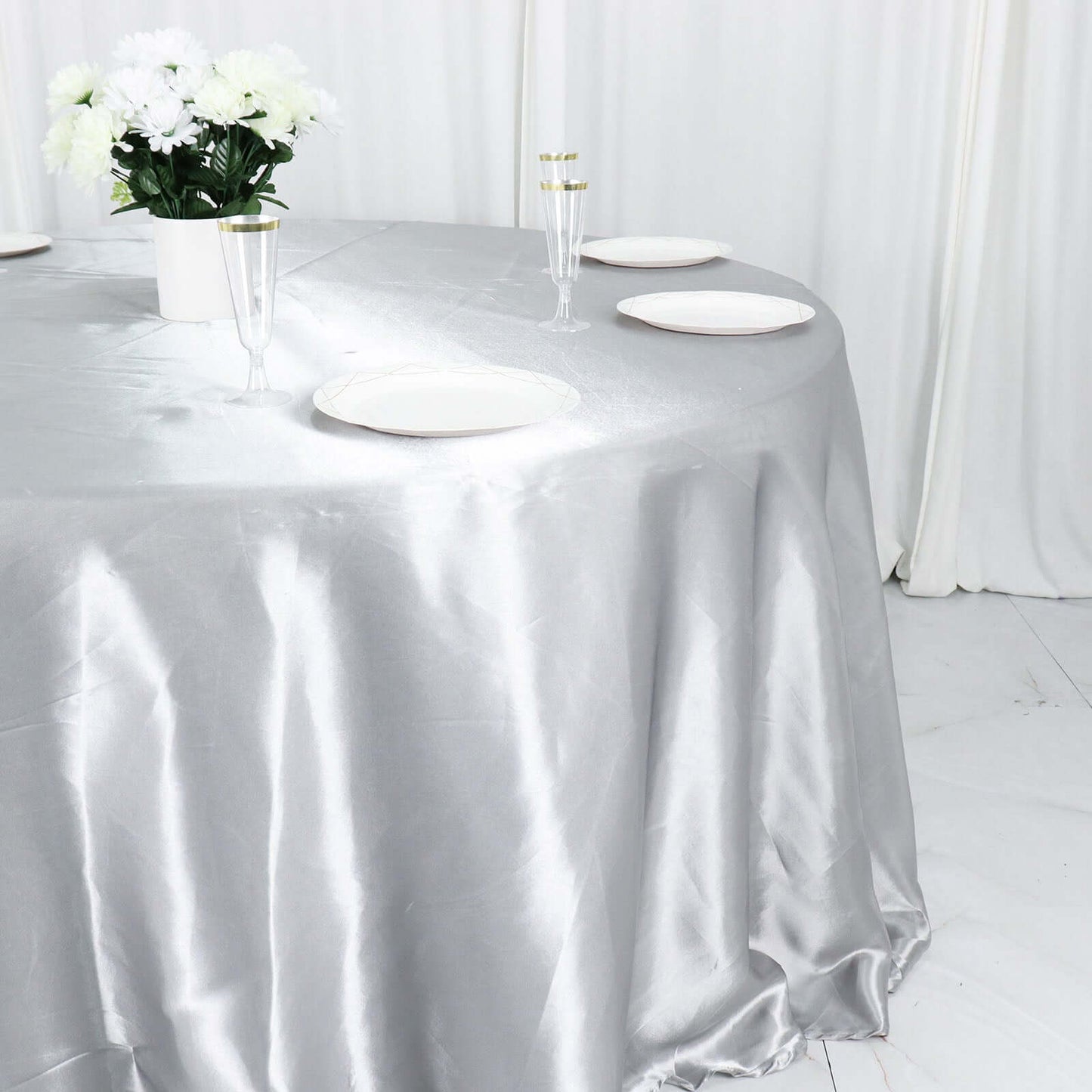 Satin 132" Round Tablecloth Silver - Stylish Seamless Table Cover