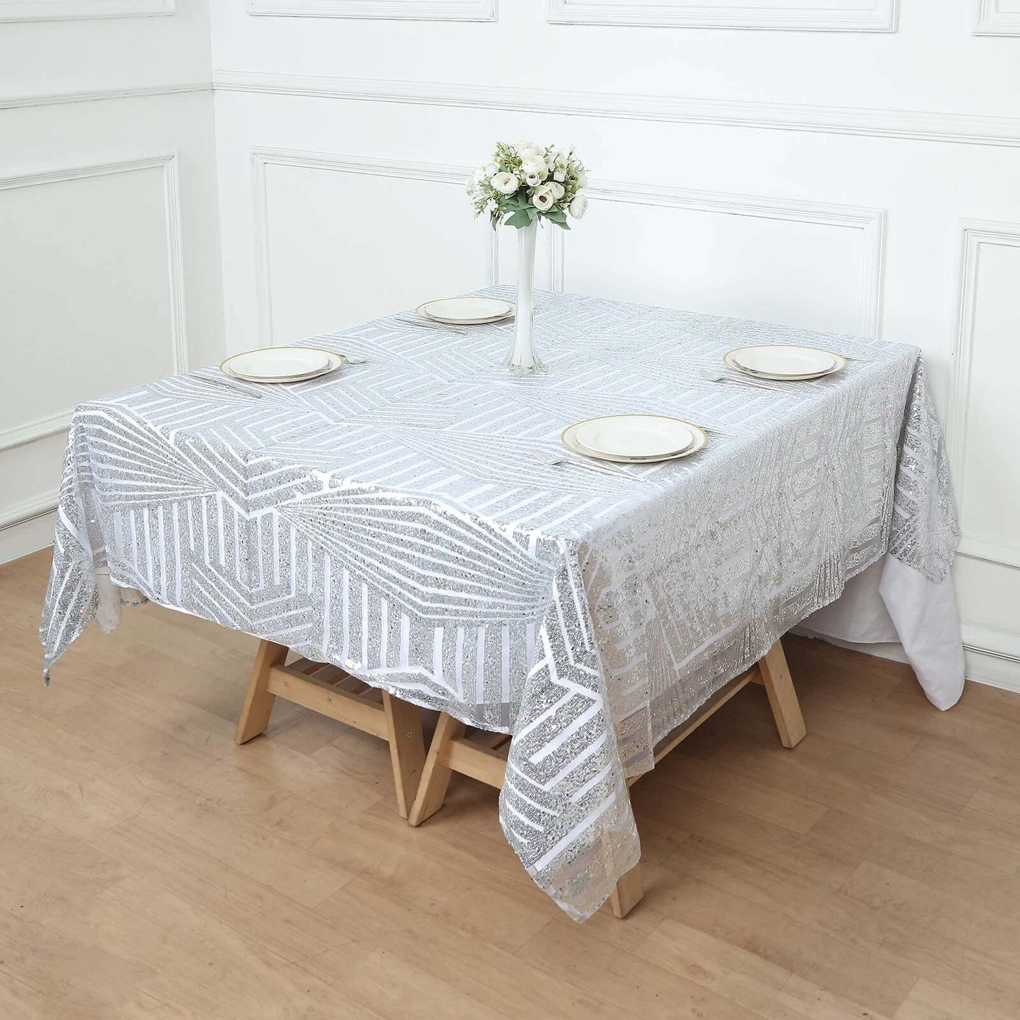 Sequin 72" Table Overlay Square Tablecloth Silver - Diamond Glitz Table Cover