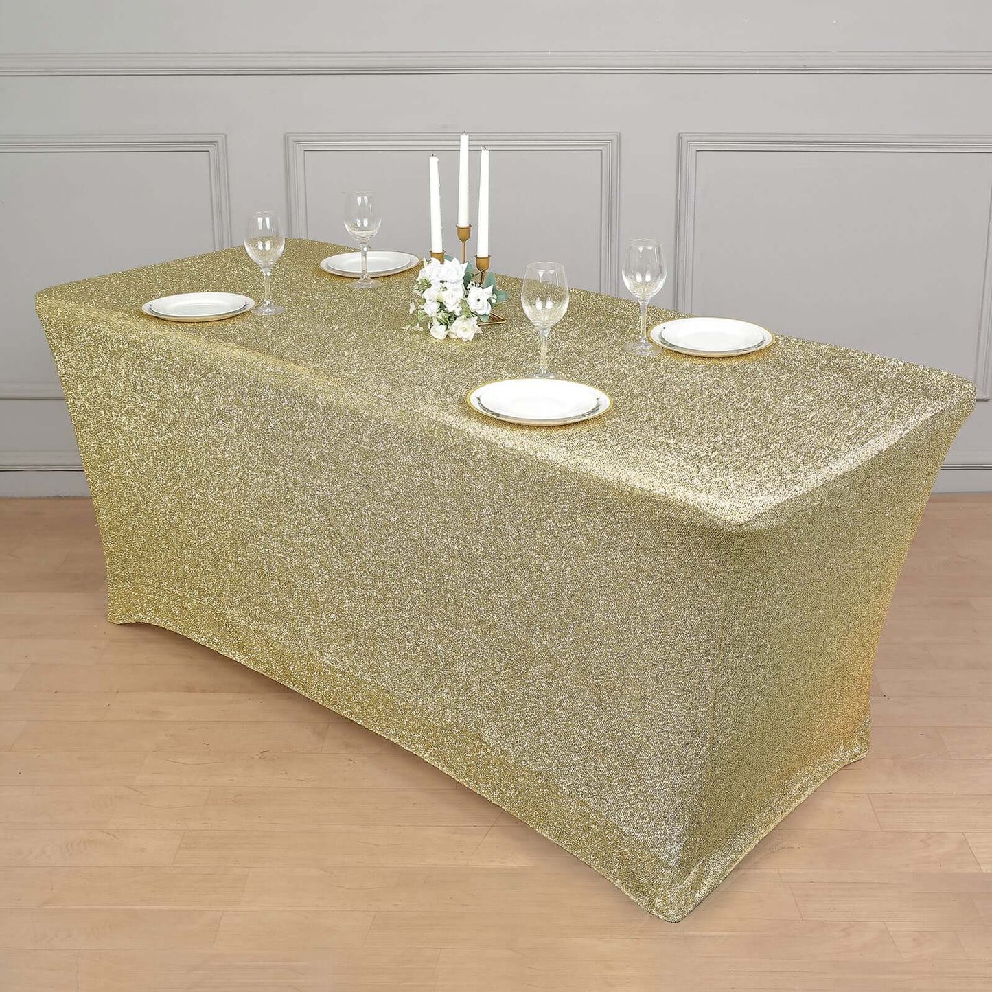 Shimmer Tinsel Spandex 72"x30" Rectangle Tablecloth Metallic Champagne Glittered Shiny Stretch Table Cover