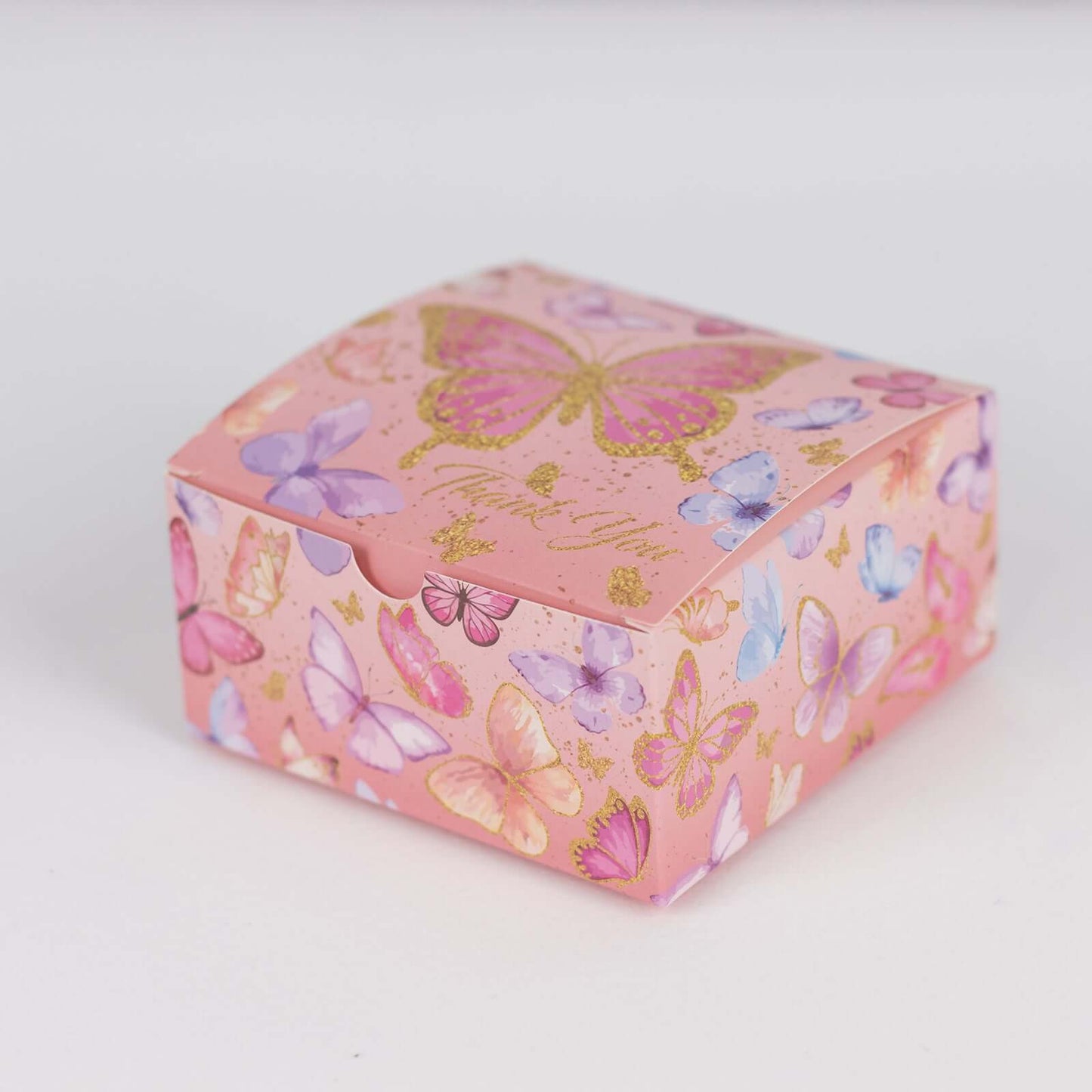 25 Pack Pink Butterfly Themed Candy Gift Boxes with "Thank You" Print, Cardstock Paper Party Favor Boxes - 4"x4"x2"