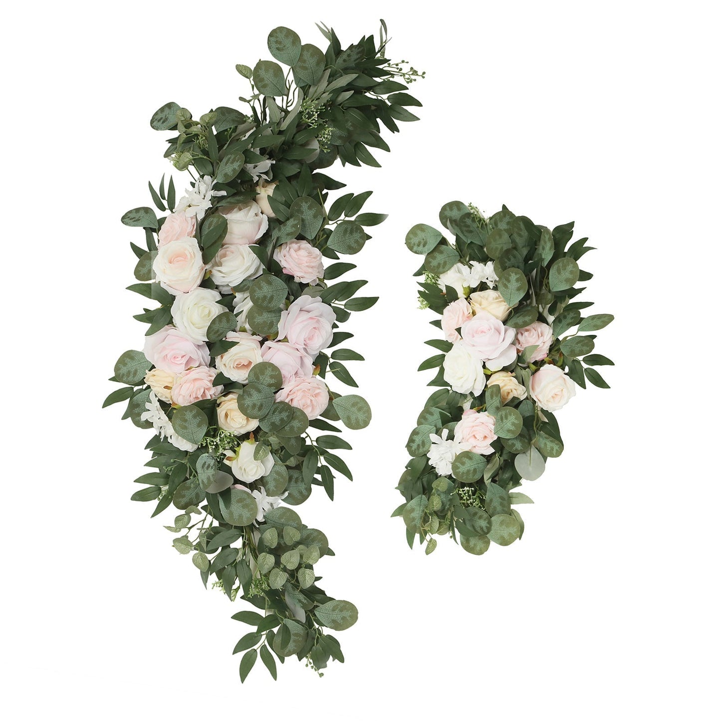 Set of 2 Silk Rose Floral Swag Wedding Arch Flowers in Cream Blush with Eucalyptus Leaves, Large Artificial Flower Arrangement Garlands - 24",42"