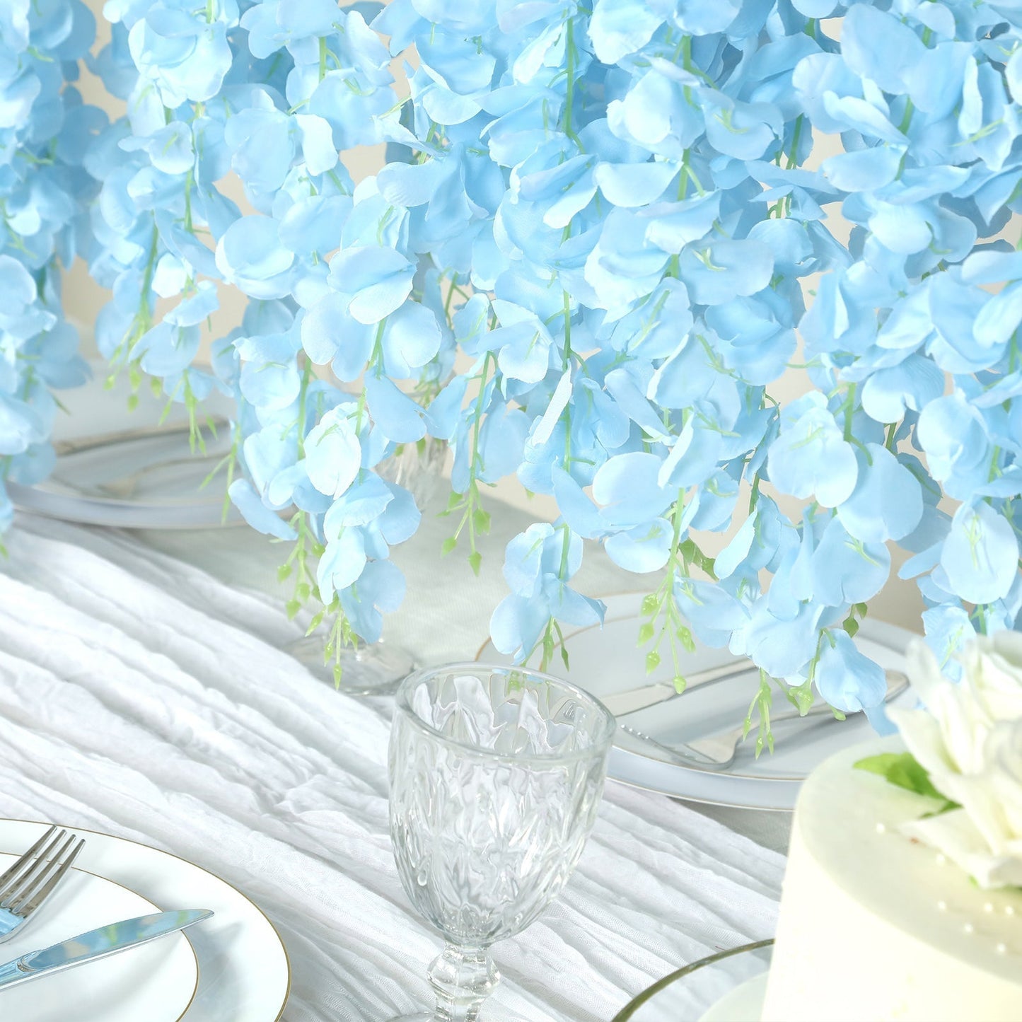 42" Silk Hanging Wisteria Flower Garland Vines in Light Blue, Elaborated 5 Full Strands in 1 Bush
