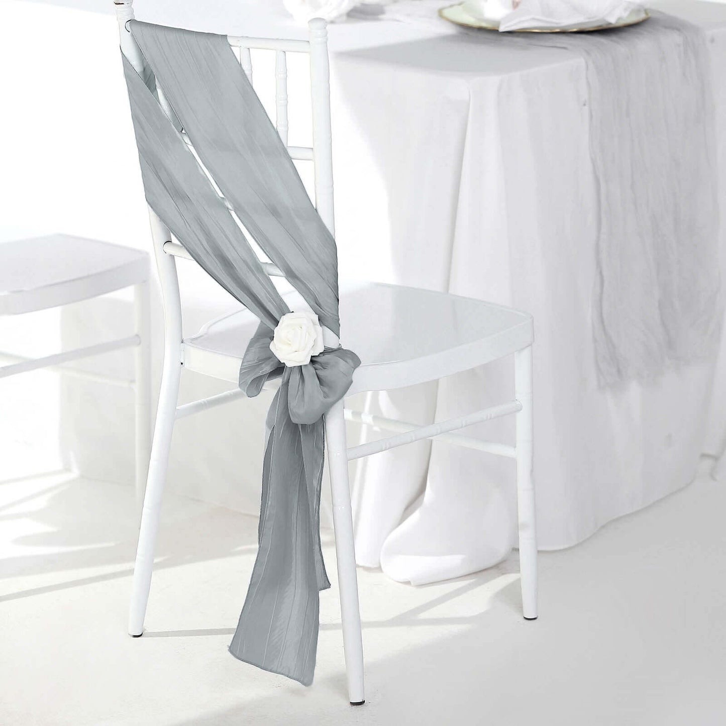 5 Pack Taffeta 6"x106" Chair Sashes Silver Accordion Crinkle Texture - Stylish Decor for Weddings & Gatherings