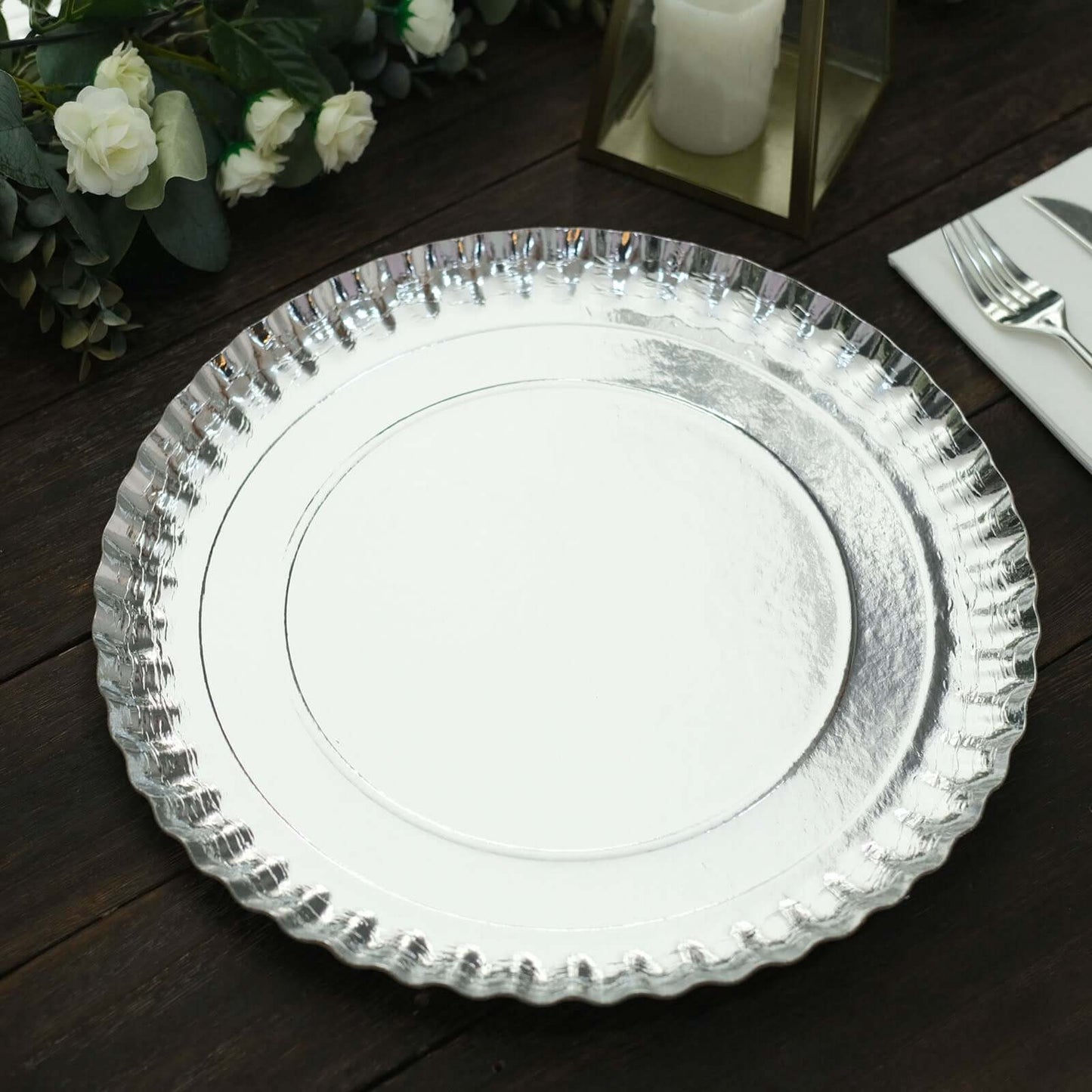 10-Pack Paper 13" Round Charger Plates in Silver with Scalloped Rims - Heavy Duty Disposable 1100GSM Serving Trays for Glam Events & Wedding Receptions