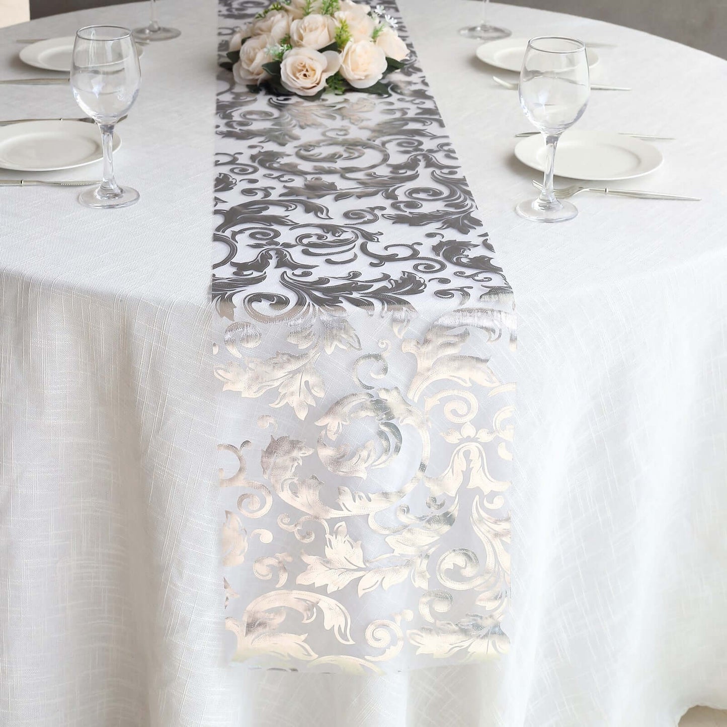 Sheer Organza 12"x108" Table Runner Roll Metallic Silver Foil Floral Swirl Design - Disposable Stylish Event Decoration