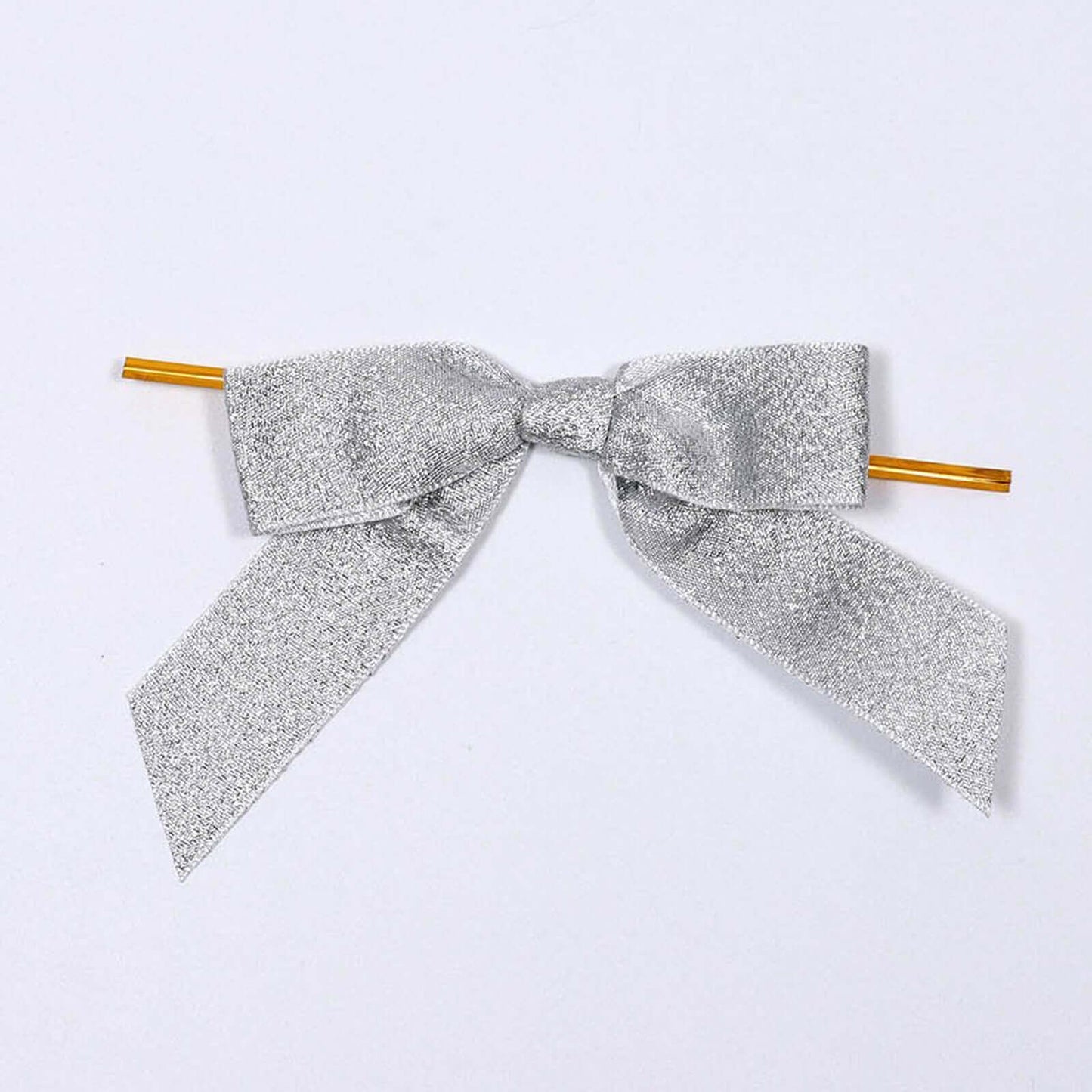 50 Pcs 4" Nylon Ribbon Bows With Twist Ties, Gift Basket Party Favor Bags Decor - Silver Glitter Design
