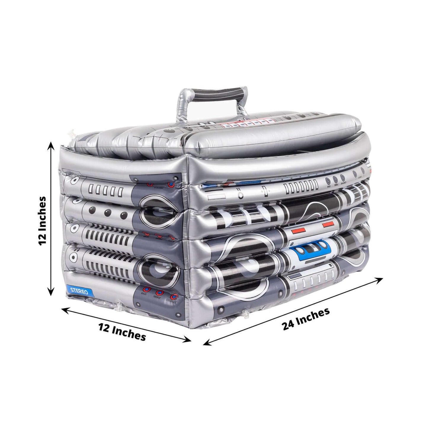 Silver Inflatable Ice Beverage Cooler with 80's Boom Box Design - Party Drink Container for Pool Events 24"x12"