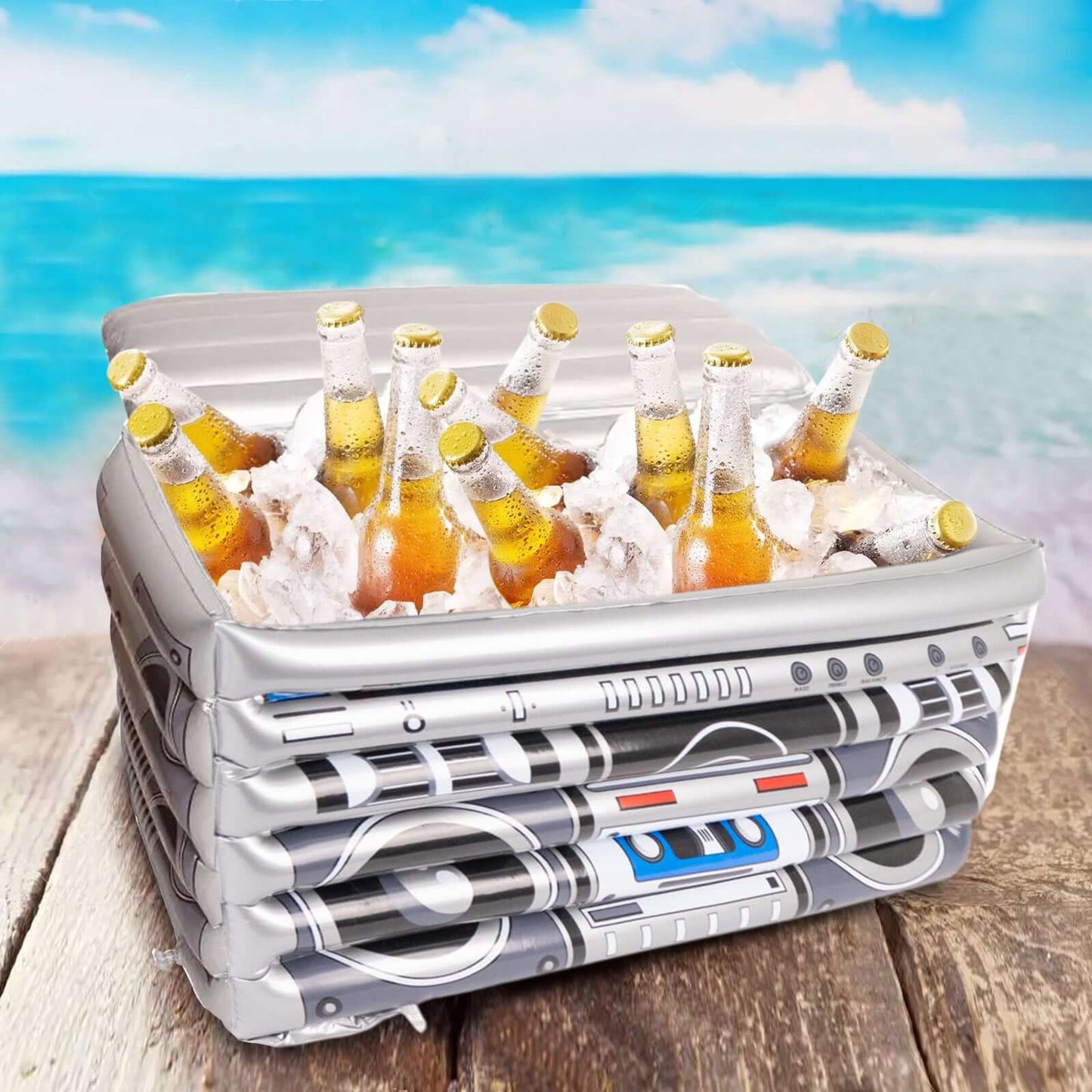 Silver Inflatable Ice Beverage Cooler with 80's Boom Box Design - Party Drink Container for Pool Events 24"x12"