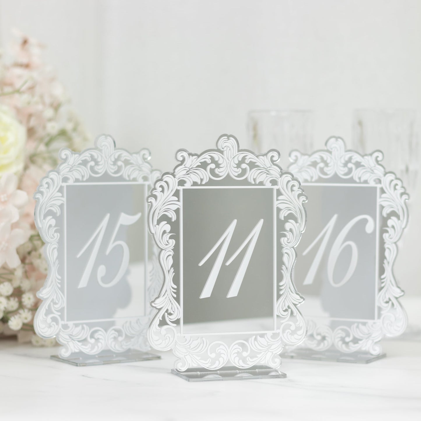 Silver Mirror Arch Acrylic Table Numbers (11-20) - 5"x7" Wedding Reception Signs with Baroque Lace Border, White Print & Stands