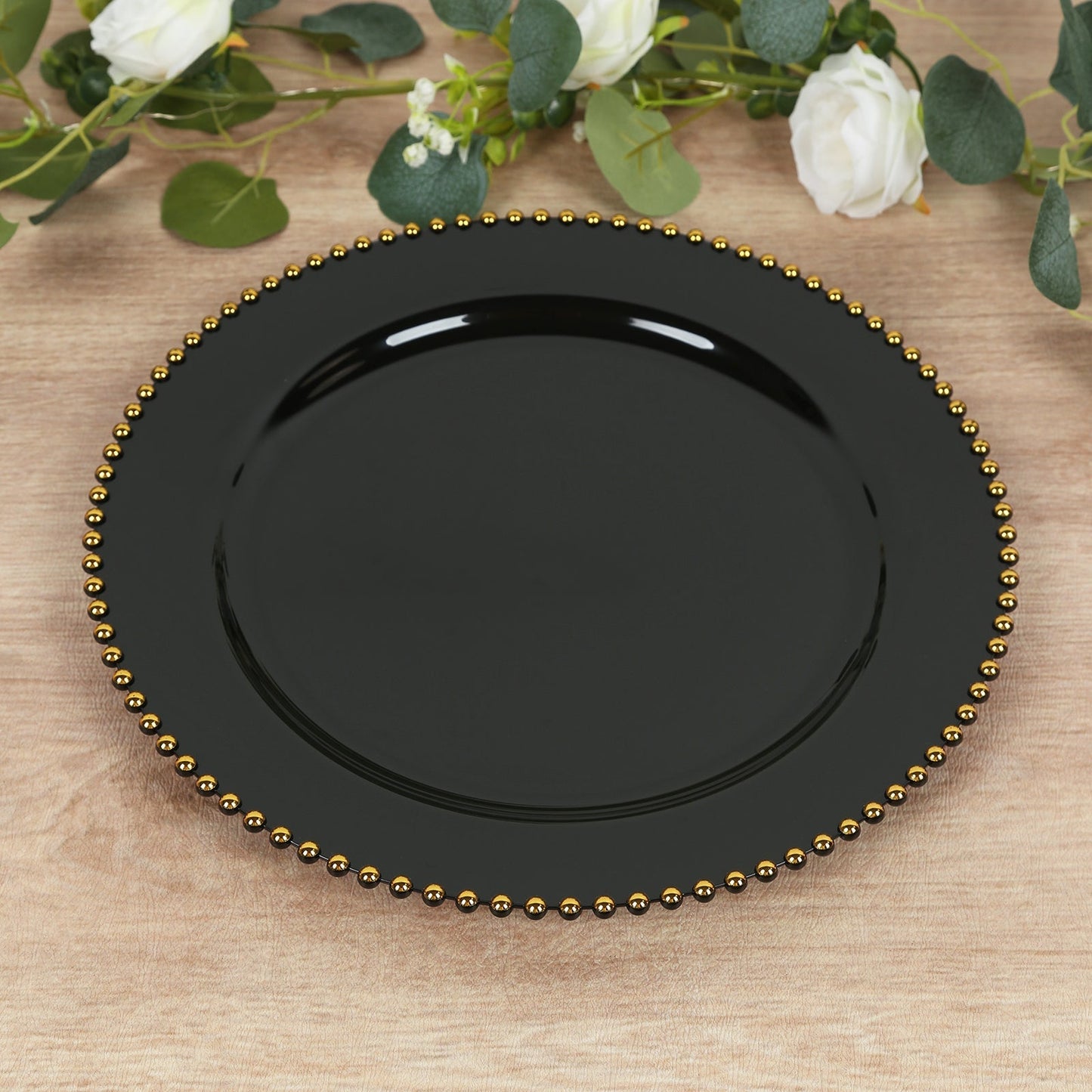 10-Pack Economy Round Plastic Charger Plates 13" in Black with Gold Beaded Rim, Stylish Dinner Party Serving Plates