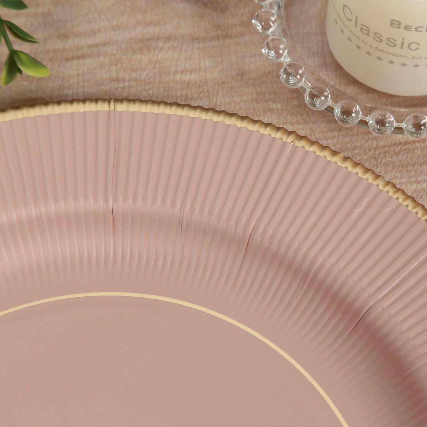 25-Pack Paper 10" Round Dinner Plates in Dusty Rose Sunray Design with Gold Rim - Disposable Heavy Duty 350GSM Party Plates