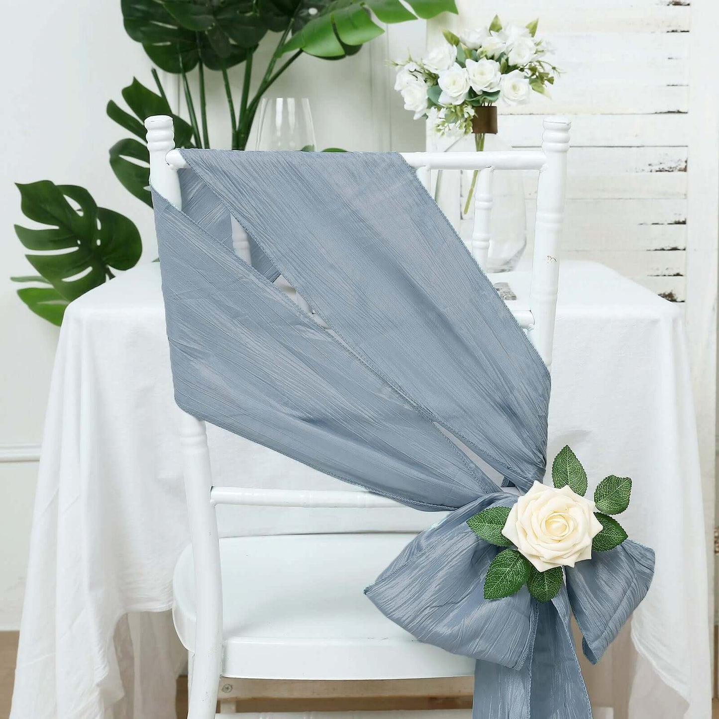 5 Pack Taffeta 6"x106" Chair Sashes Dusty Blue Accordion Crinkle Texture - Stylish Decor for Weddings & Gatherings