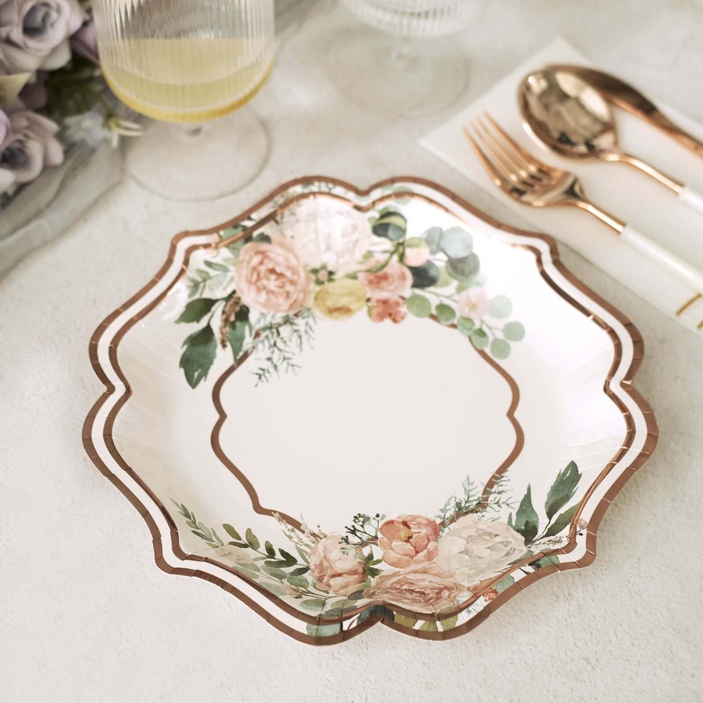 25-Pack Paper 8" Dessert Plates in White with Floral Print & Rose Gold Scallop Rim - Disposable 300GSM Appetizer Salad Plates