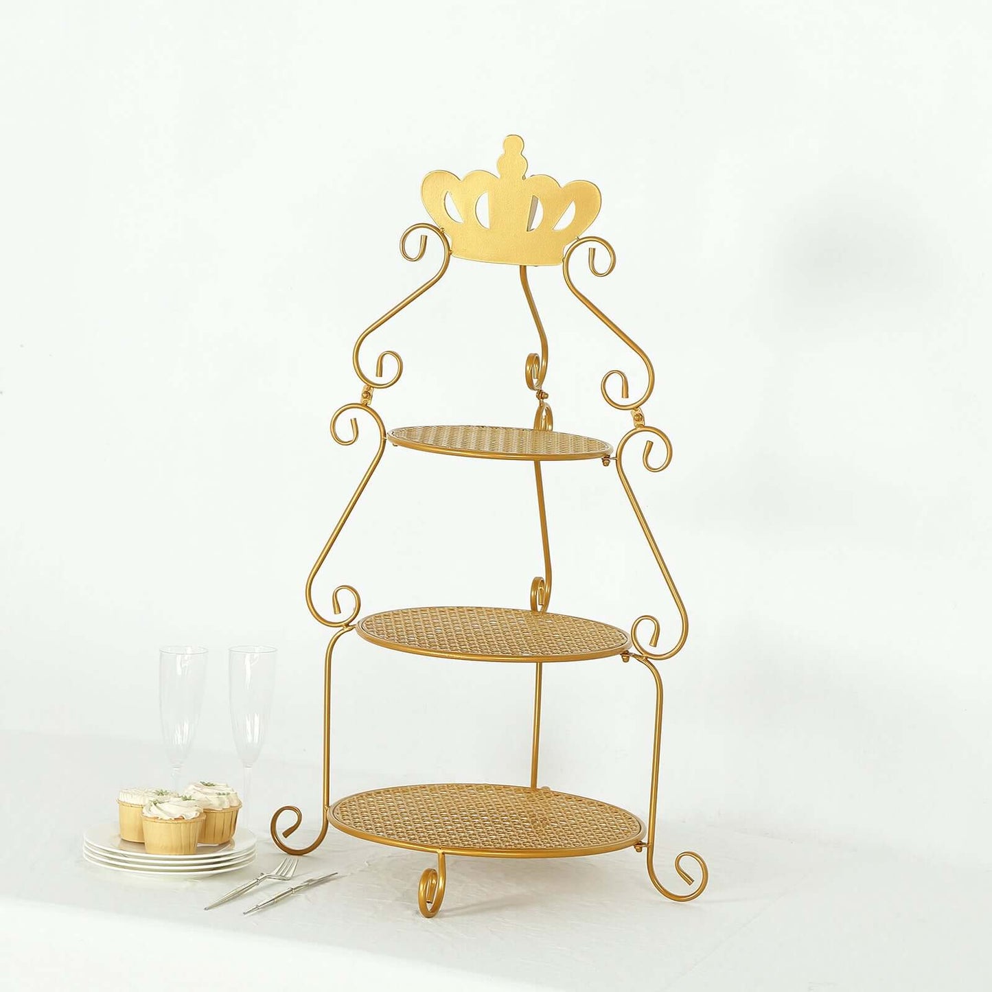 3 Tier Metal Round Cake Stand 32" Gold with Crown Top - Easy To Assemble Cupcake Holder Dessert Display Stand for Sophisticated Tea Parties Buffet Tables & Special Occasions