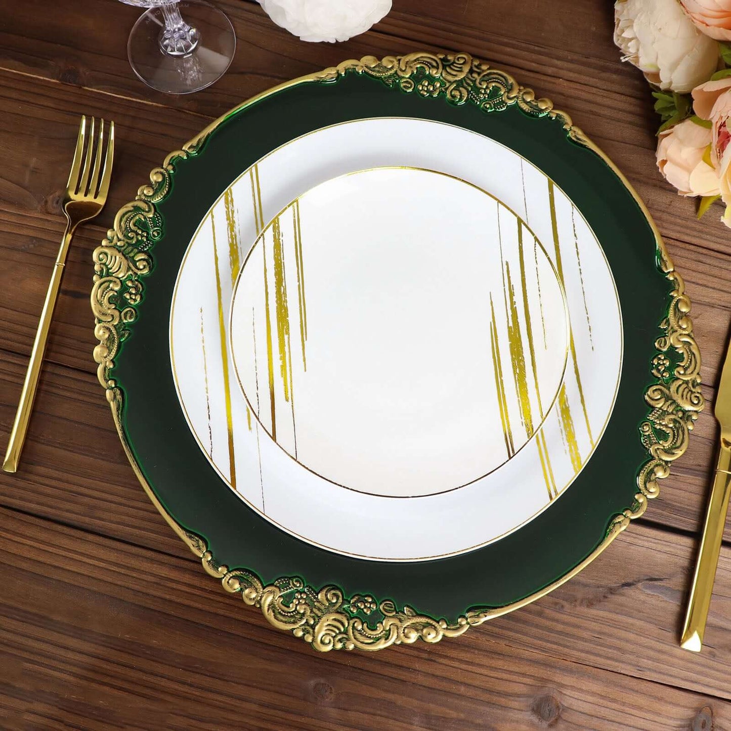 6-Pack Acrylic Round Charger Plates 13" in Hunter Emerald Green with Gold Embossed Baroque Rim, Antique Decorative Dinner Party Charger Tableware
